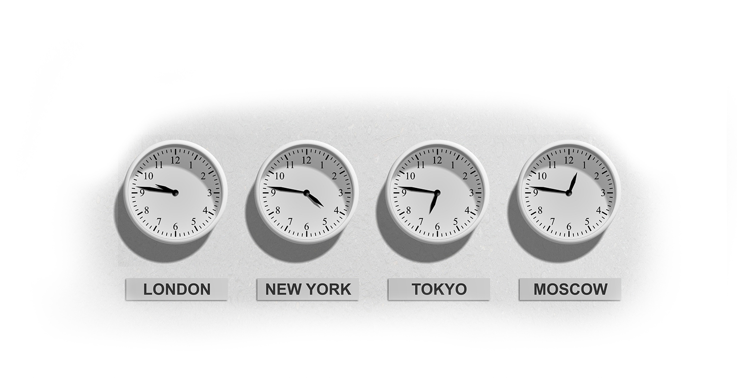 Uhren mit der Uhrzeit von London, New York, Tokyo und Moscow